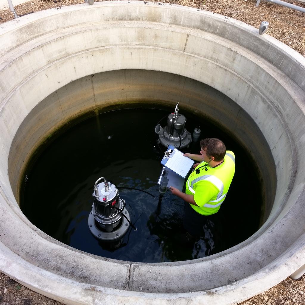 Technician in hi-vis vest inspecting submersible pumps in a wastewater lift station wet well