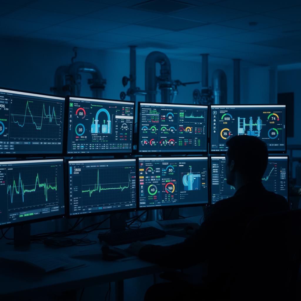 SCADA control room with multiple monitors showing water system dashboards and pump trends