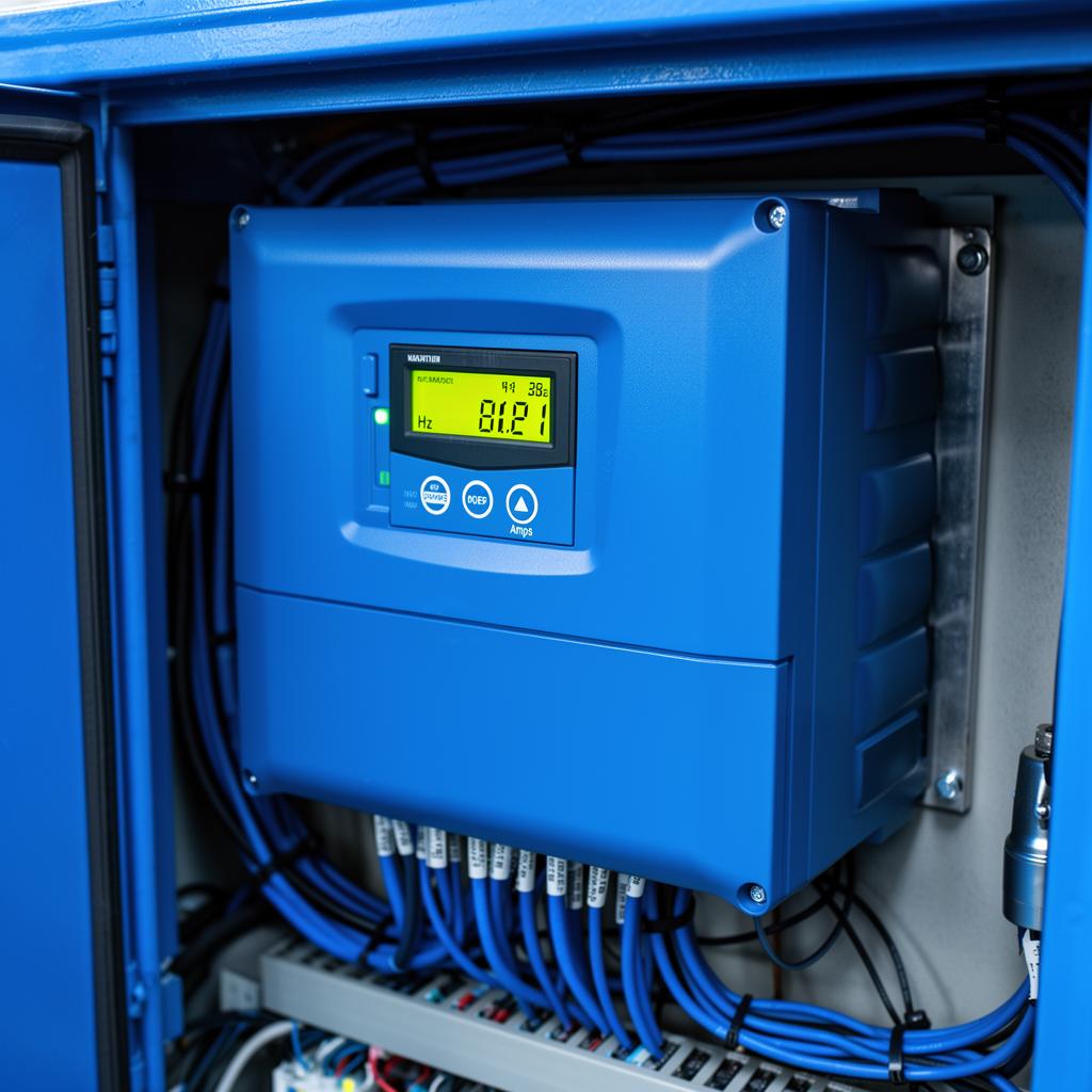 Close-up of a variable frequency drive cabinet with illuminated readout inside a pump station