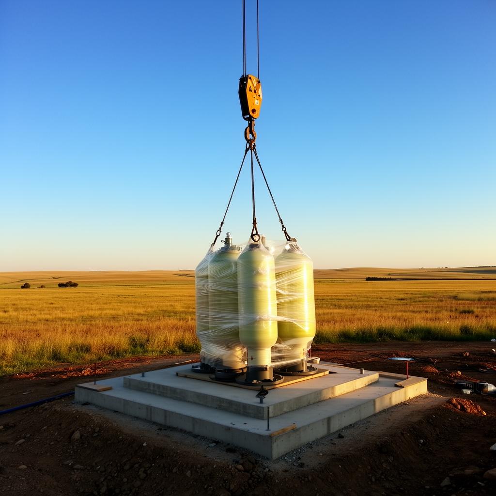 Fiberglass packaged pump station being lowered by crane onto a concrete pad at a rural job site