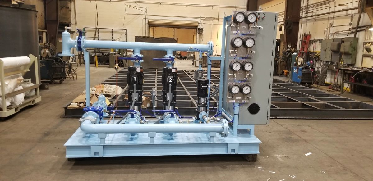 Skid-mounted water booster pump station fabricated by Dakota Pump in Mitchell, SD