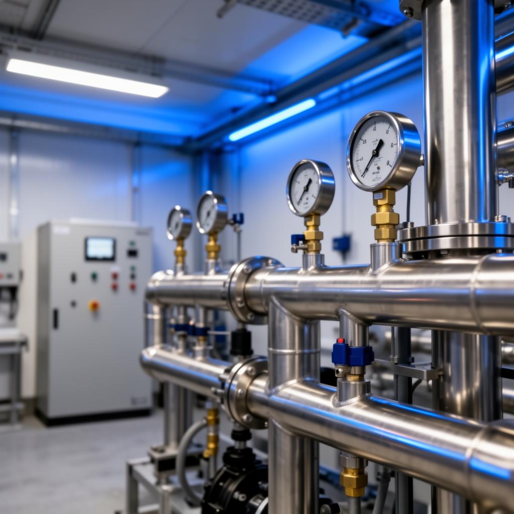 Stainless steel manifold piping and pressure gauges inside a packaged water booster station